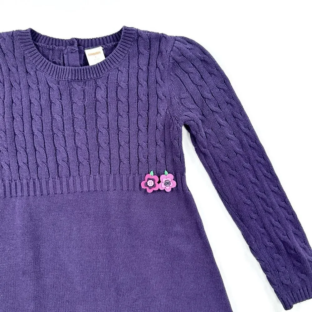 Gymboree Sweater Dress Girls 7 Purple Knit Flowers Cotton Long Sleeve Pullover